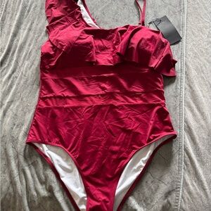 Elegant Red Ruffled Women's One Piece Swimsuit